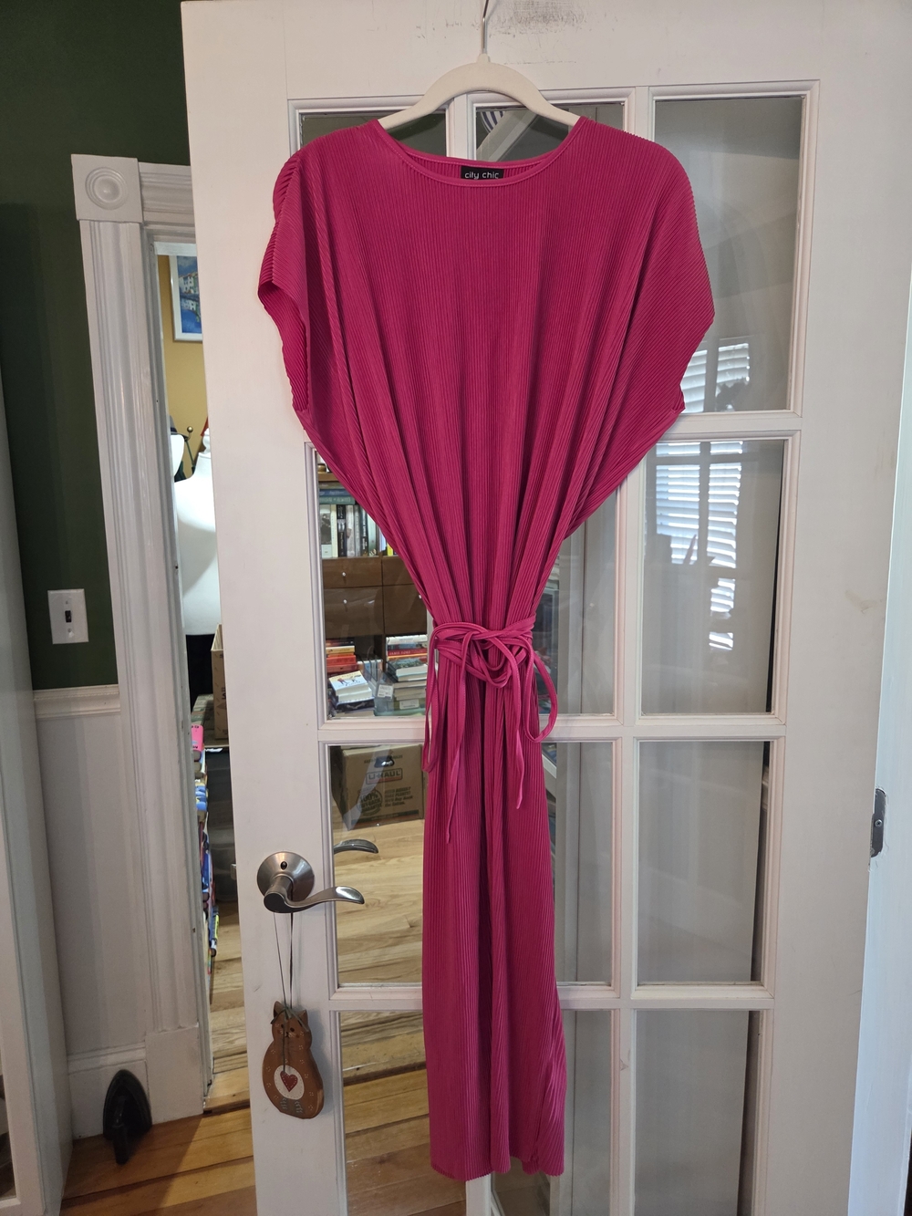 City Chic Fuchsia Baby Pleated Midi Dress with Waist Tie - Size 14